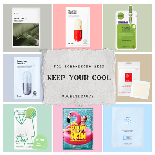 sheet masks for acne prone skin including premium products such as the Anua Heartleaf 77% soothing mask, Dr. Jart+ Clearing solution mask, Mediheal tea tree care solution sheet mask, Dr. Jart porecting solution mask, COSRX pimple patch, soonjung etude mask with panthenol and many more
