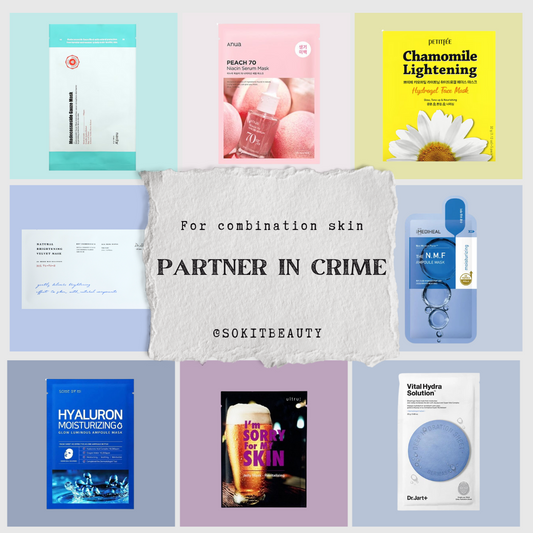 sheet masks for combination skin type, premium korean skincare sheet masks including best products such as anua peach 70 niacin serum mask, dr althea, mediheal N.M.F. ampoule mask for moisturizing, petifee chamomile lightening hydrogel face mask, some by mi hyaluron moisturizing mask, i'm sorry for my skin revitalizing mask, dr jart vital hydra solution sheet mask and many more
