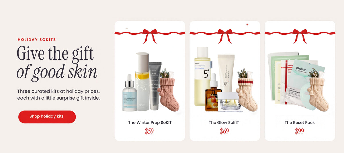 Sokit holiday kits: The Winter Prep SoKIT $59, The Glow SoKIT $69, The Reset Pack $99, each with a little surprise gift inside.