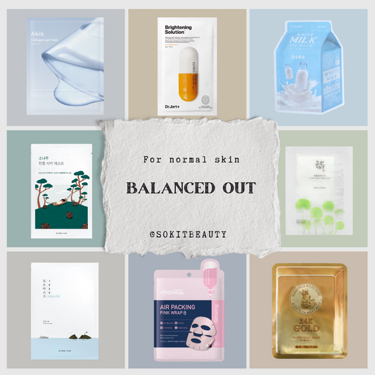 sheet masks for normal or balanced skin type, premium korean skincare sheet masks including best products such as abib collagen gel mask, dr jart brightening solution sheet mask, apieu milk mask, round lab pine tree sheet mask, beauty of joseon centella asiatica sheet mask, round lab dokdo water gel mask, mediheal air packing pink wrap mask and many more