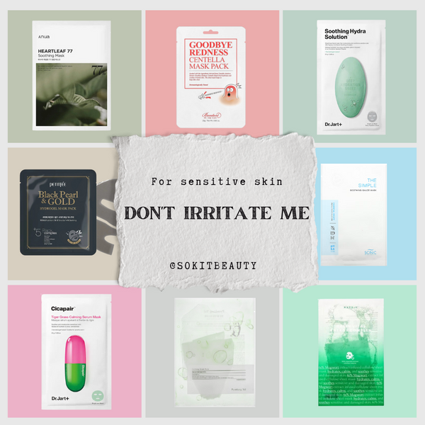 curated premium korean sheet masks for sensitive skin, including the best kbeauty brands and skincare products such as anua heartleaf 77 soothing mask, benton goodbye redness centella mask pack, dr jart soothing hydra solution sheet mask, petifee black pearl and gold hydrogel mask pack, scinic the simple soothing gauze mask, dr jart cicapair tiger grass calming serum sheet mask, pyungkang yul calming mask, axis-y mugwort face mask and many more